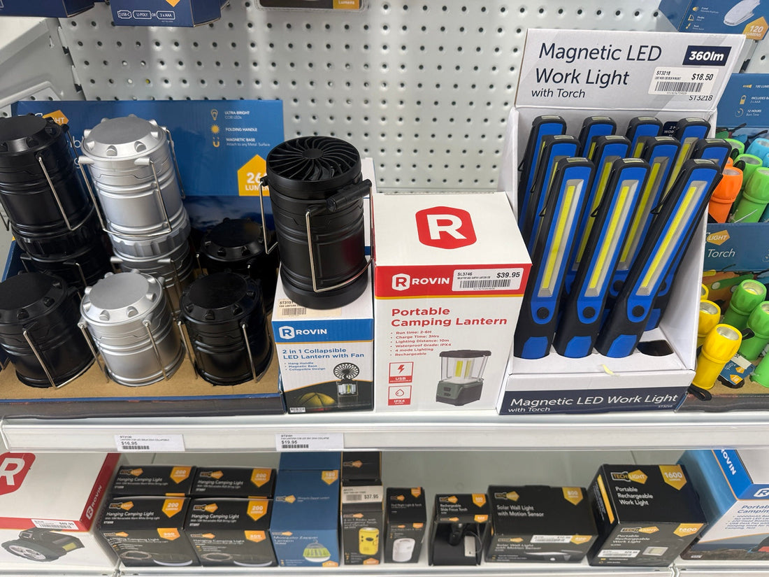 Camping lanterns and magnetic LED work lights on display at Delacey’s