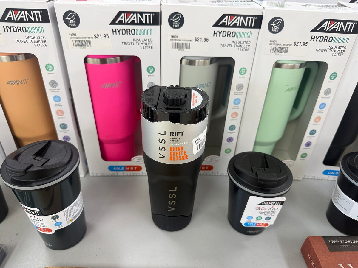Avanti HydroQuench and GoCup drinkware with a VSSL Rift tumbler on display at Delacey’s