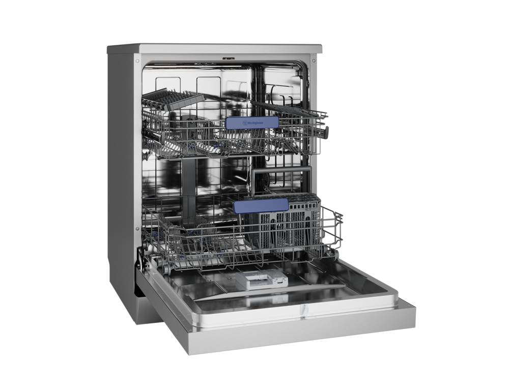 Westinghouse WSF6602XC dishwasher with its door open, showing the rack layout