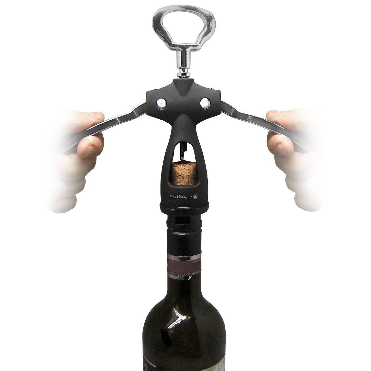 Vin Bouquet winged corkscrew removing a cork with the lever arms