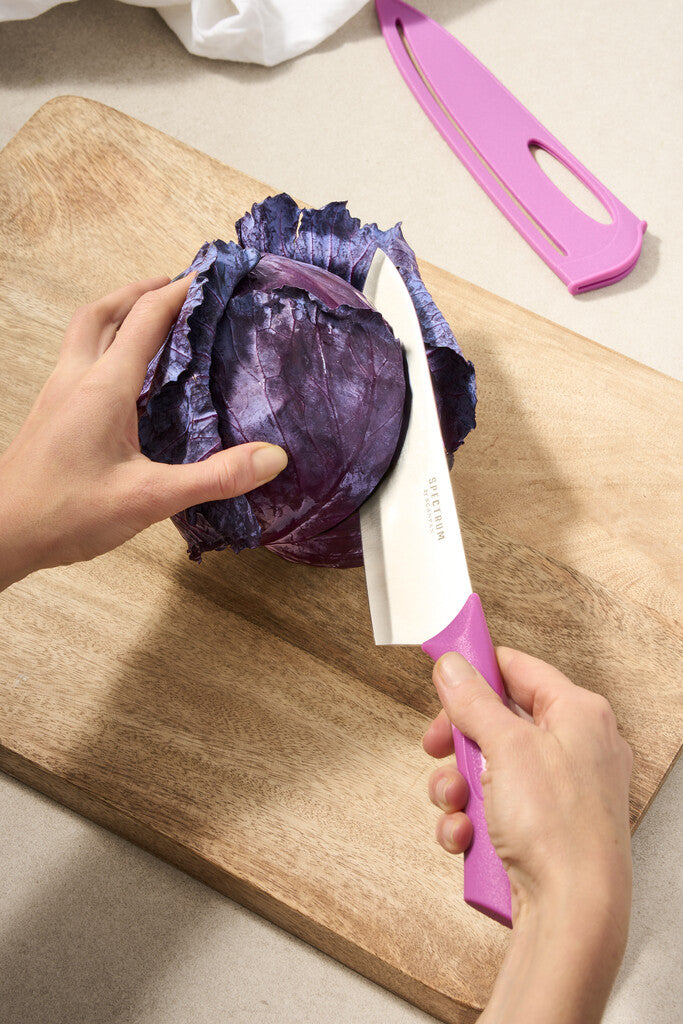 SCANPAN Spectrum 20cm Dusty Lavender chef’s knife chopping cabbage