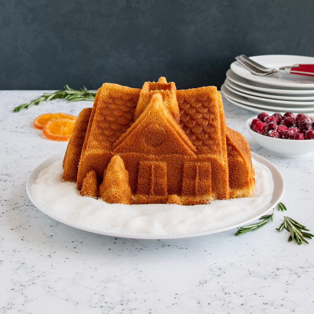 Example cake made with the Nordic Ware Gingerbread House Bundt Pan