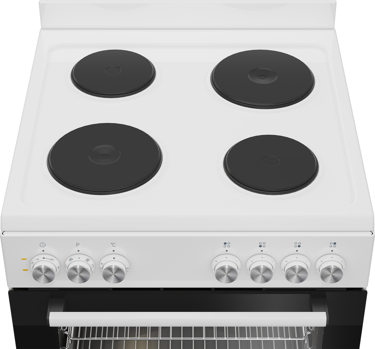 Beko BFCB60EMW electric cooker four solid hotplates viewed from above