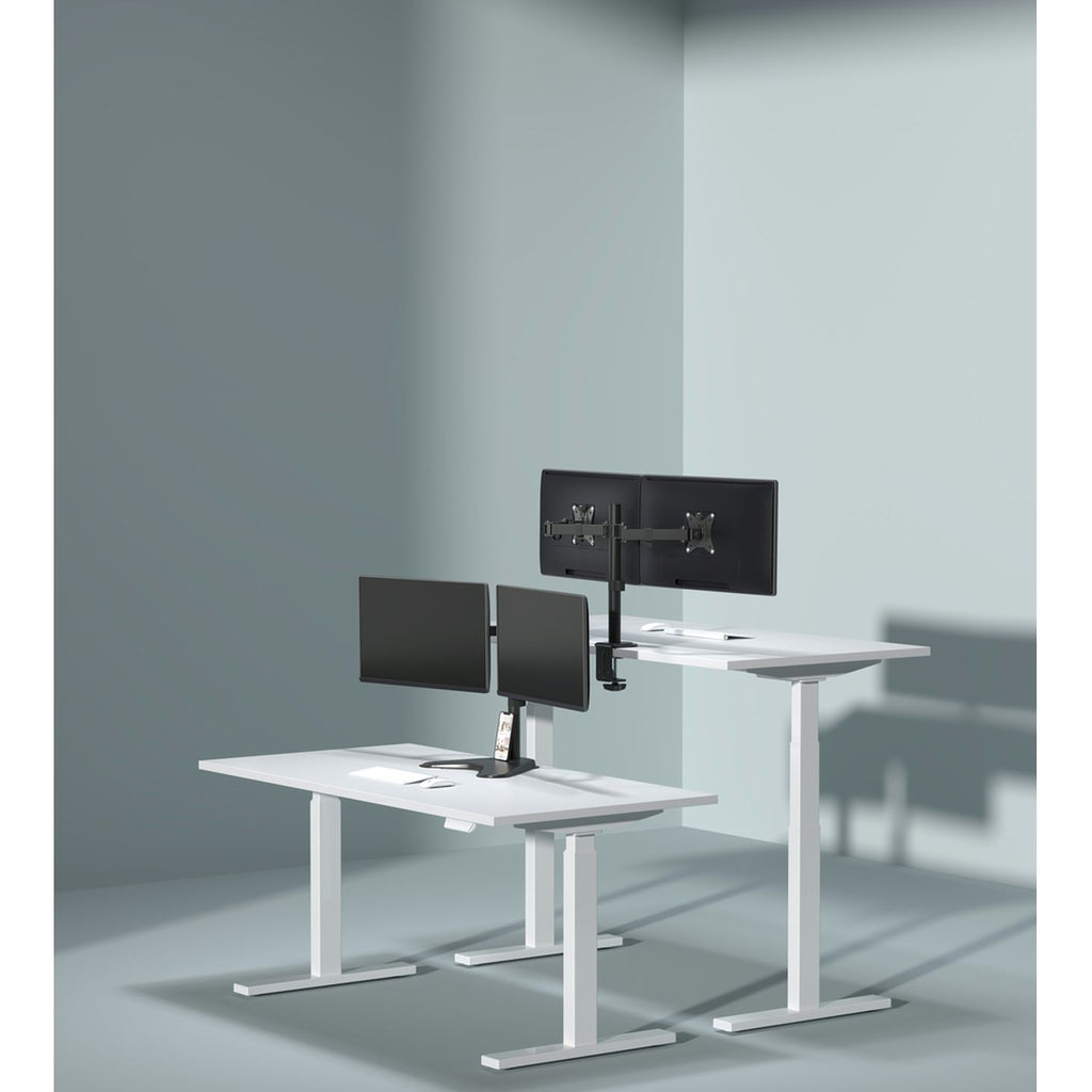 CW2944 dual monitor desk stand shown in a workspace; monitors not included