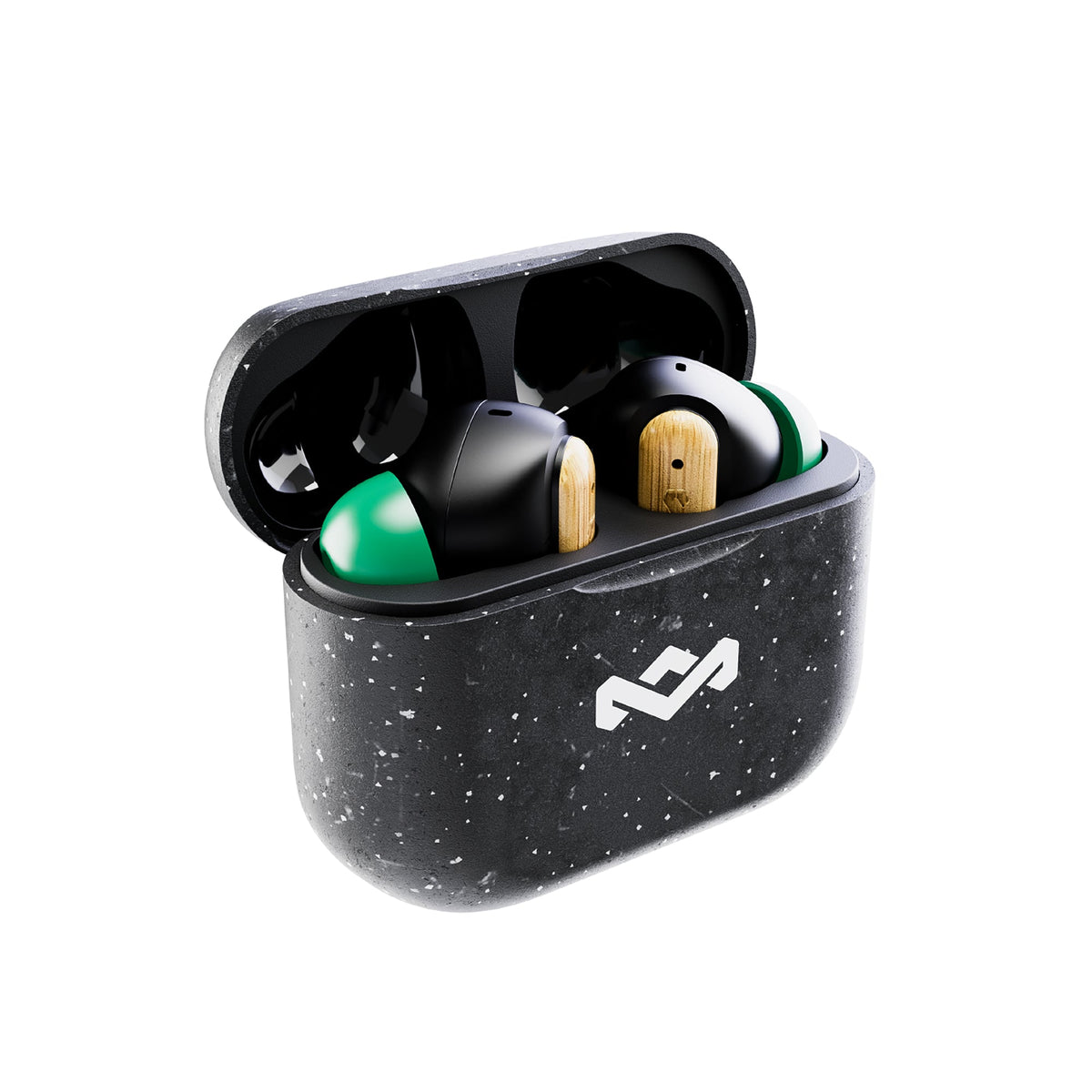 Marley Little Bird Signature Black earbuds in open charging case