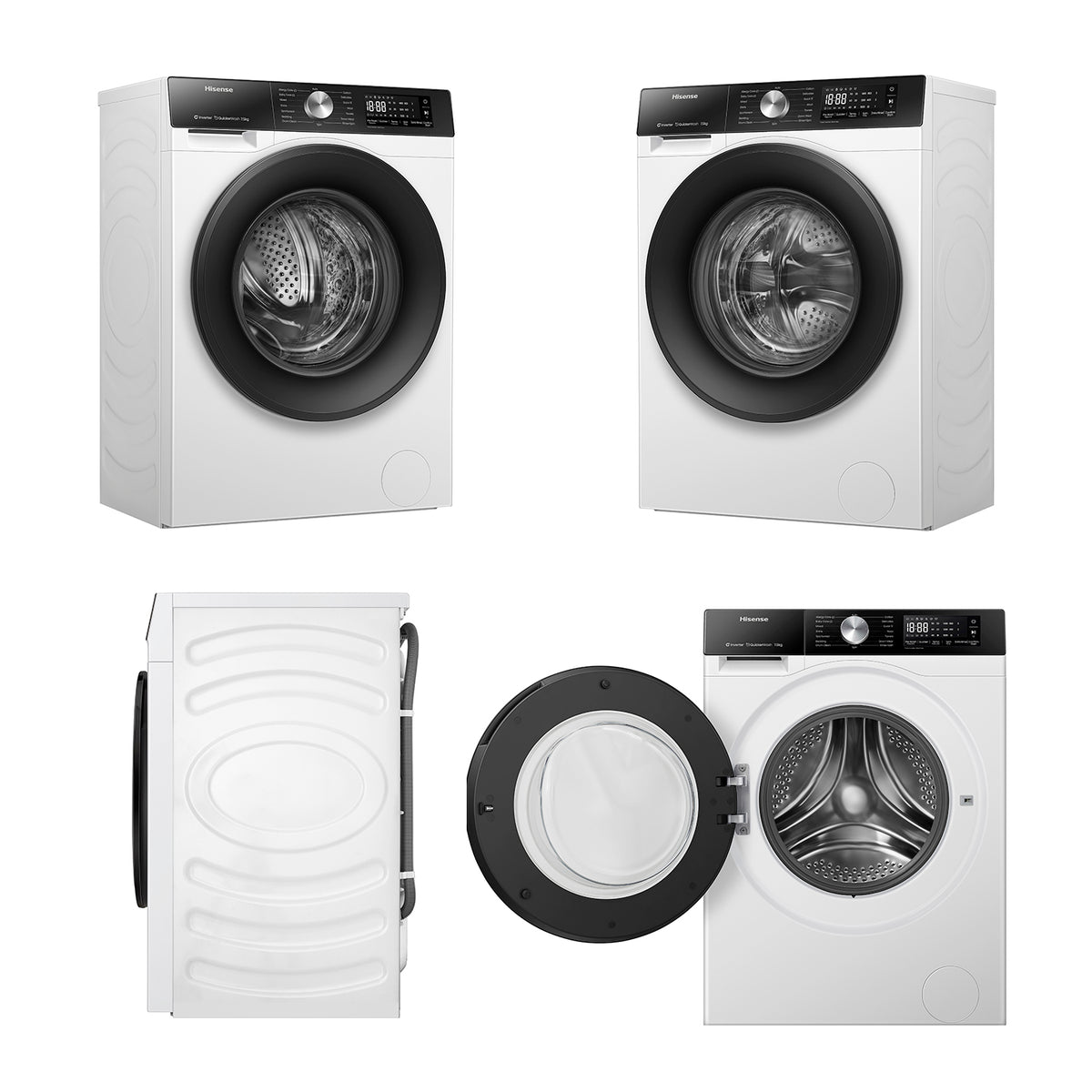 Hisense HWF3S7514X front load washer open door and angled views