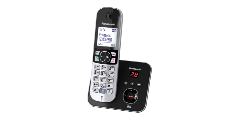 Panasonic KX-TG6821ALB cordless handset and answering base angled view