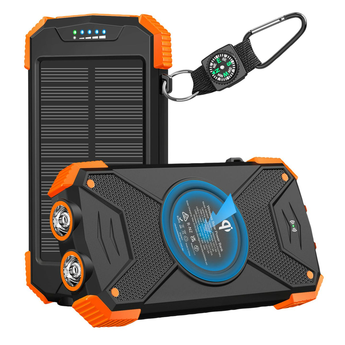 MB3828 — front and rear views of one solar Qi power bank with supplied compass