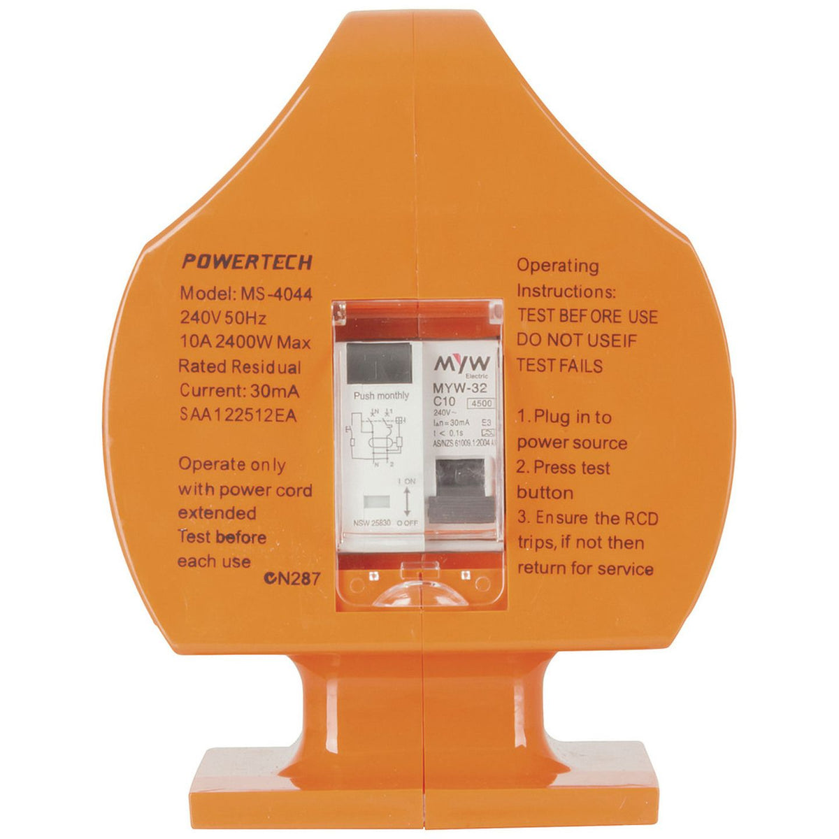 MS4044 RCD controls and rating label