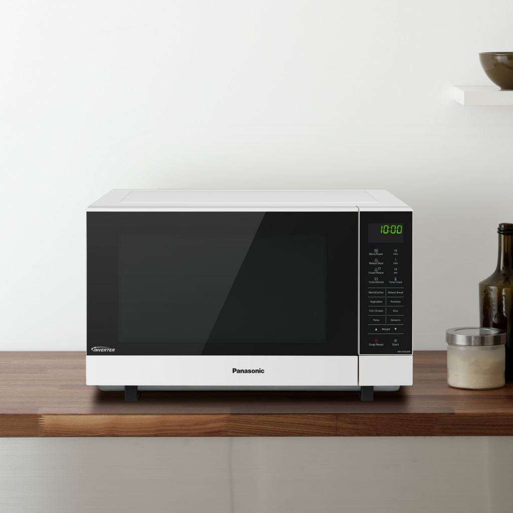 Panasonic NN-SF564WQPQ white flatbed microwave in kitchen