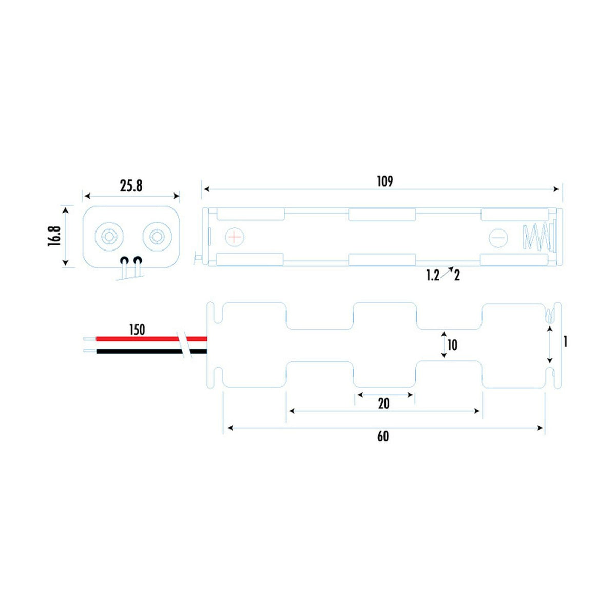 Dimension drawing of 4 X AA Side by Side and End to End Battery Holder
