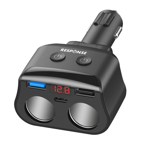 2-way vehicle accessory power splitter with USB-C PD and dual USB-A sockets, PP2122