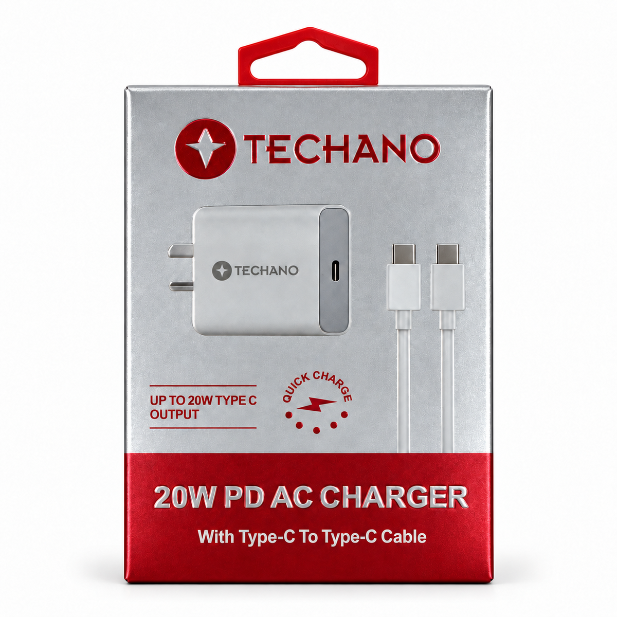 Techano 20W PD AC charger with USB-C to USB-C cable retail package