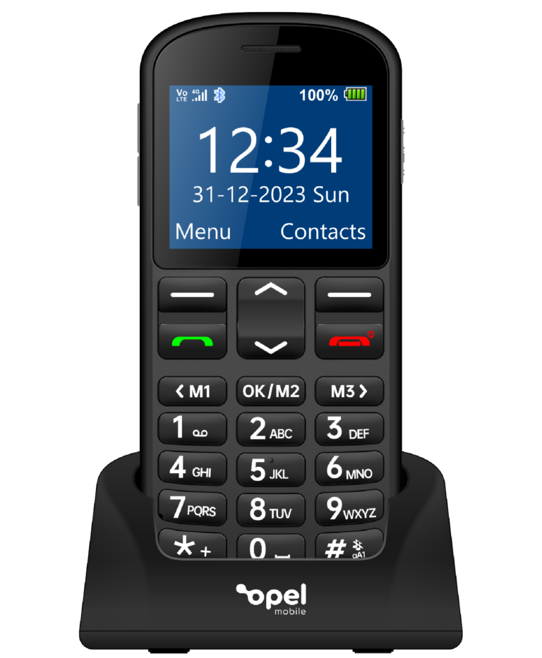 Opel BigButton M black phone in charging cradle