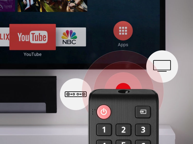 One For All URC4910 Samsung remote controlling a television and audio device