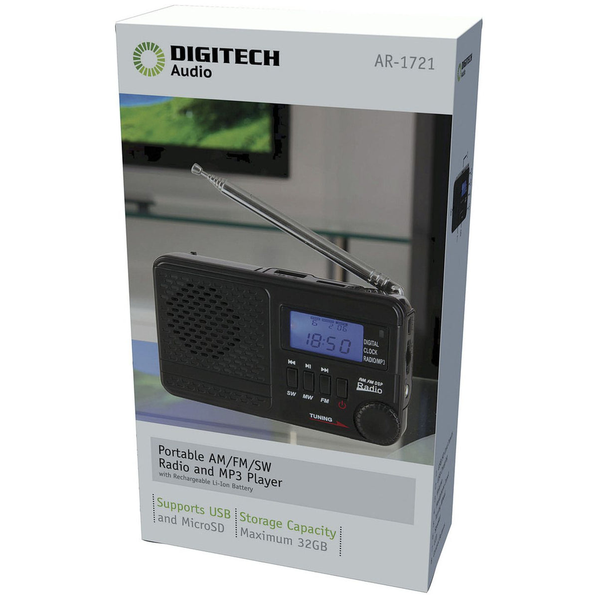 AR1721 portable radio retail packaging