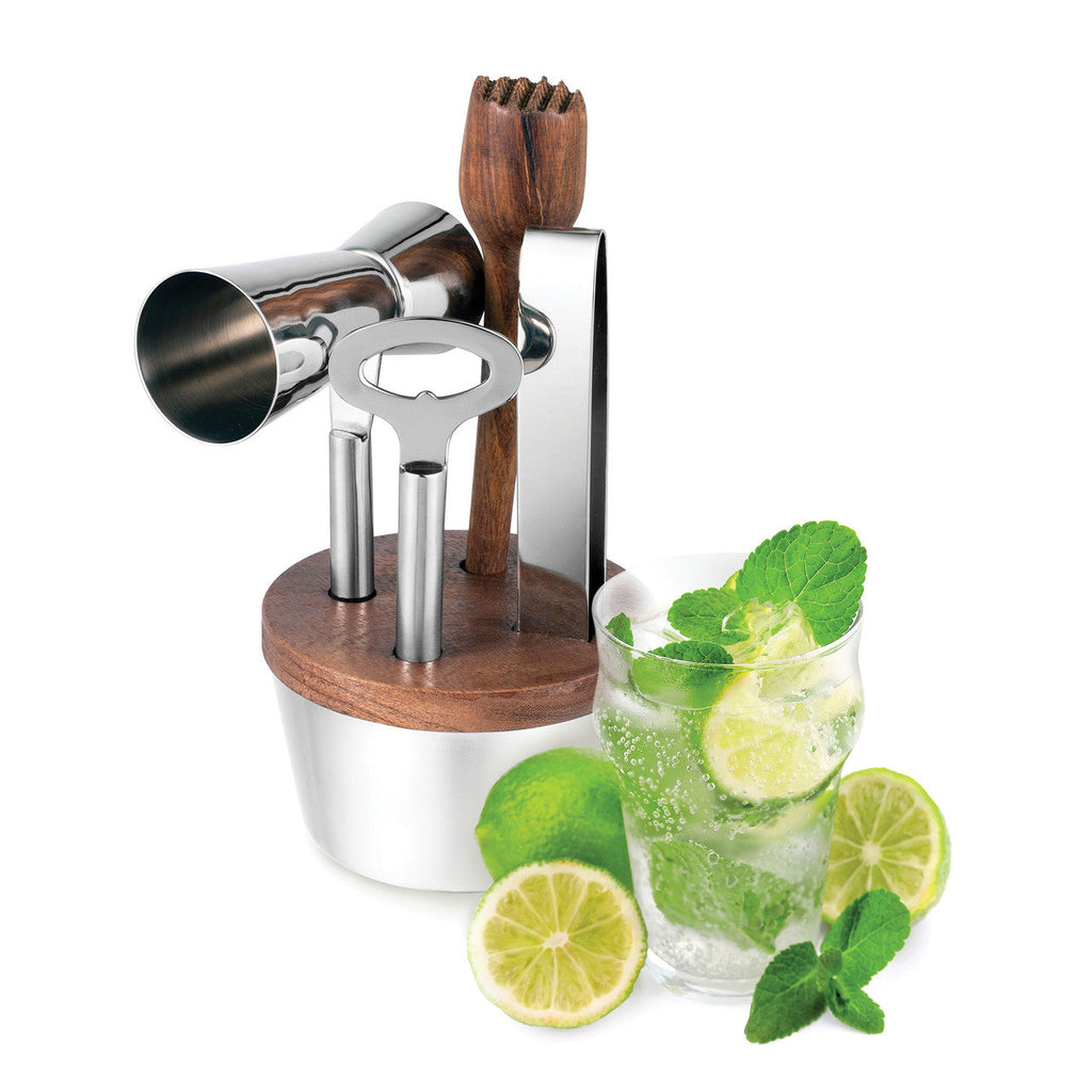 Avanti Kingston bar tool set in its stand beside a prepared cocktail