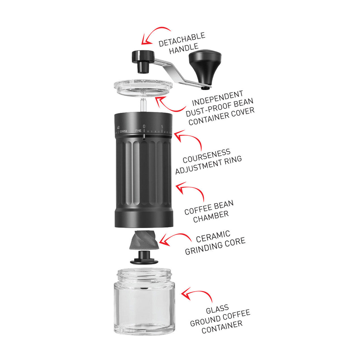 Avanti manual coffee grinder showing its ceramic burr, adjustment ring and glass container