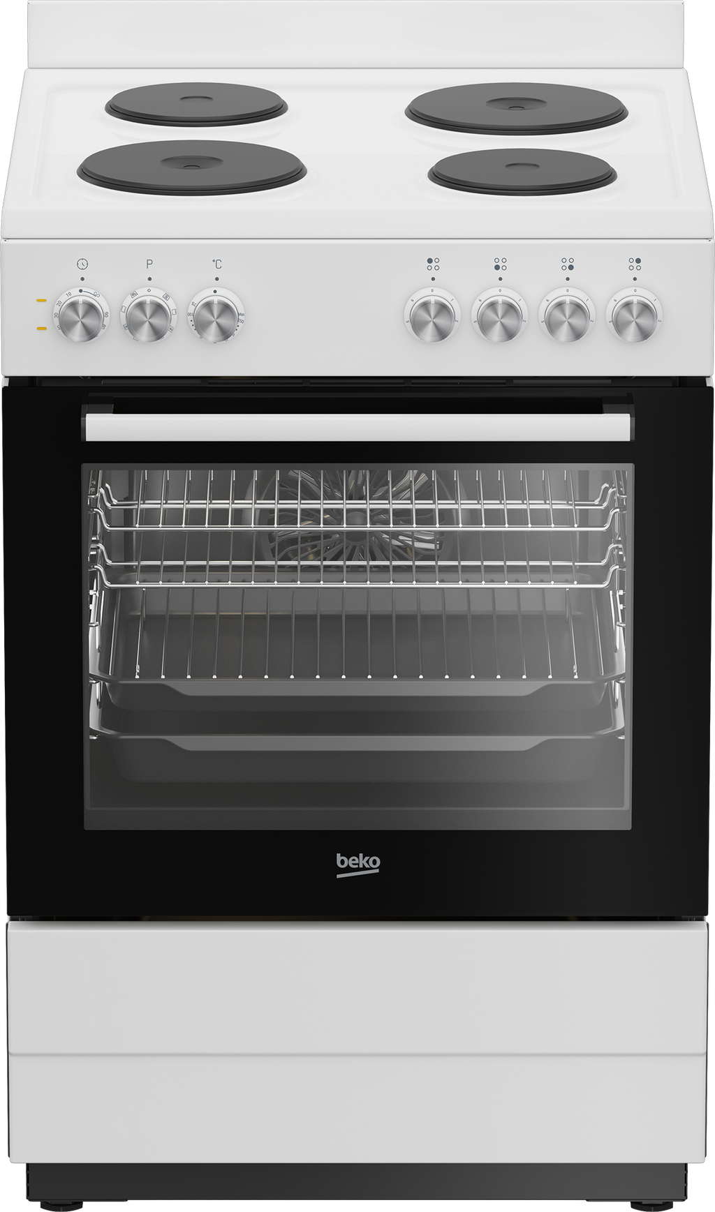 Beko BFCB60EMW freestanding electric cooker with four solid hotplates, white