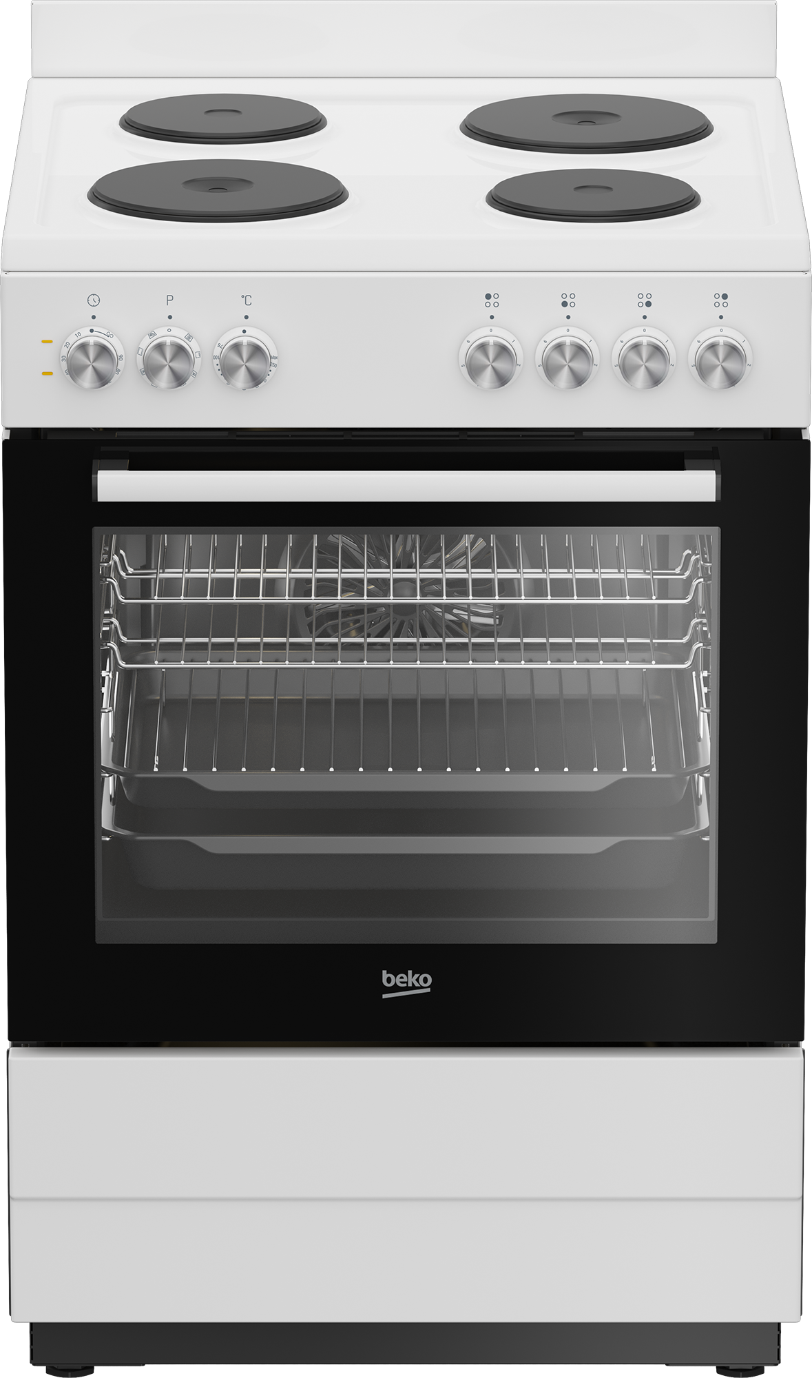 Beko BFCB60EMW freestanding electric cooker with four solid hotplates, white