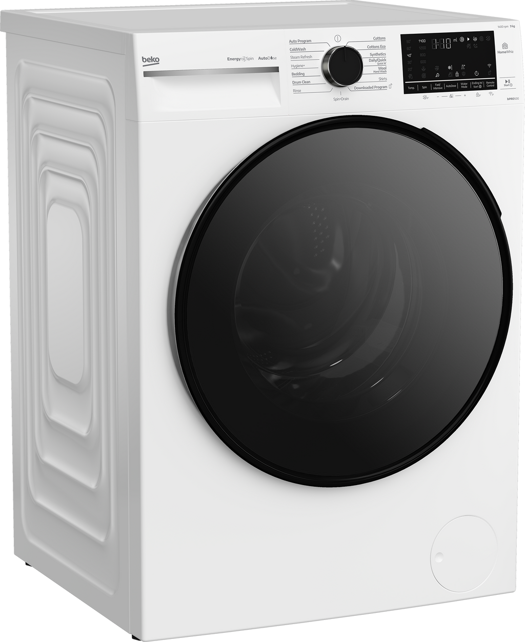 Beko BFLB903ADW1 9kg AutoDose washing machine, angled view