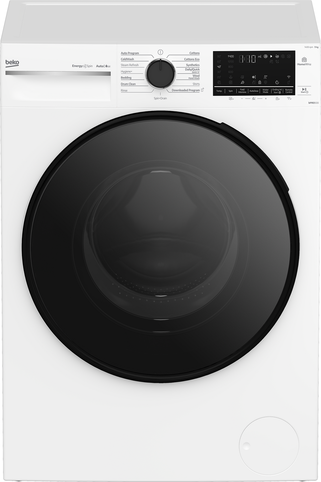 Beko BFLB903ADW1 9kg AutoDose front load washing machine, front view