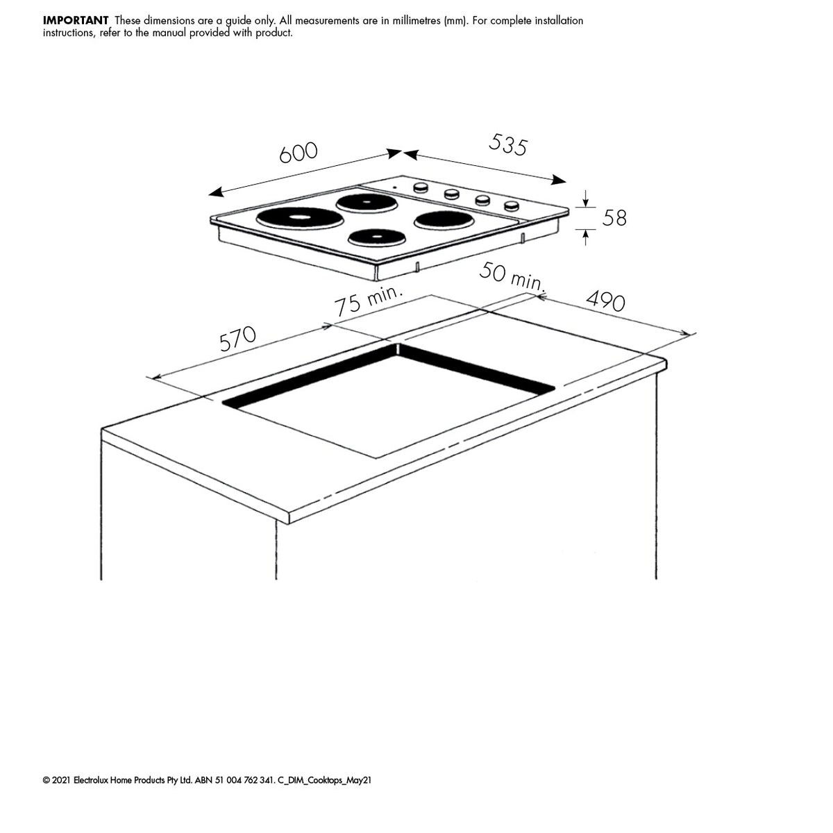 Chef CHS642SB cooktop dimensions and bench cut-out guide