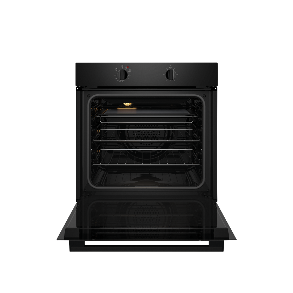Chef CVE612DB black oven with door open and shelves visible