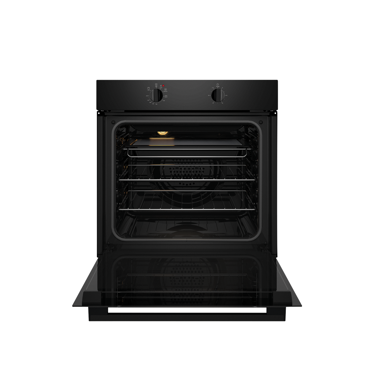 Chef CVE612DB black oven with door open and shelves visible