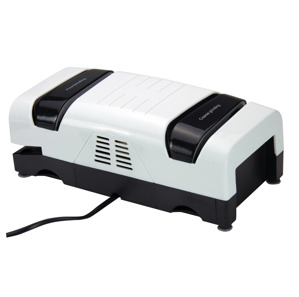 Edge Master two-stage electric knife sharpener showing coarse and fine grinding slots