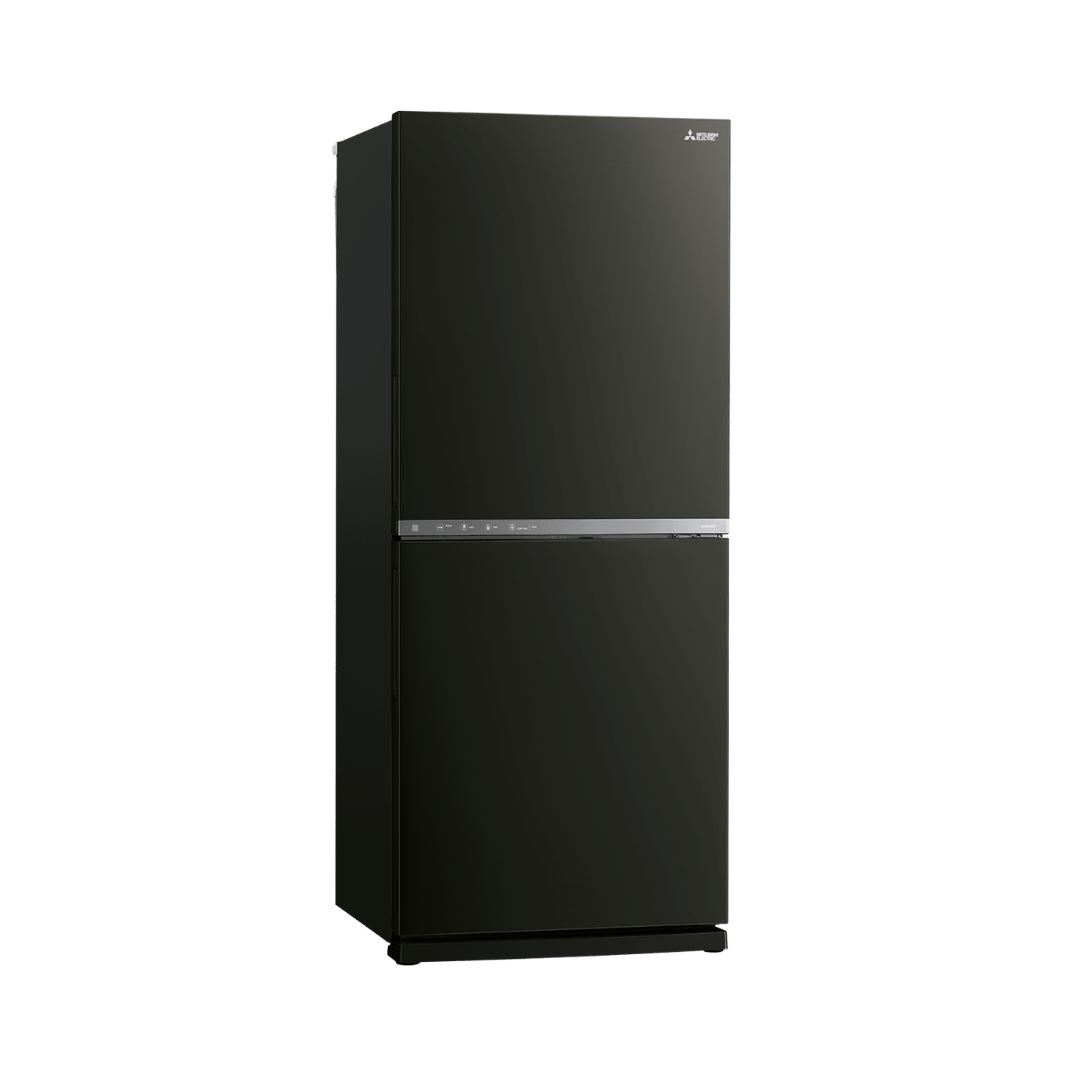 Mitsubishi Electric 421L Matte Black fridge – angled product view