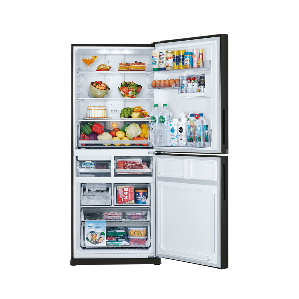 Mitsubishi Electric 421L Matte Black fridge – open doors showing food storage