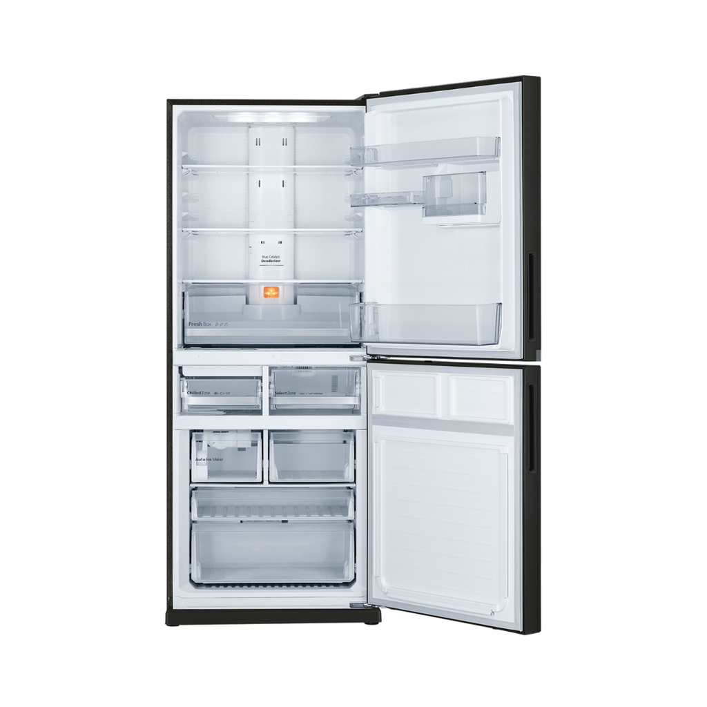 Mitsubishi Electric 421L Matte Black fridge – open doors showing empty shelves and drawers