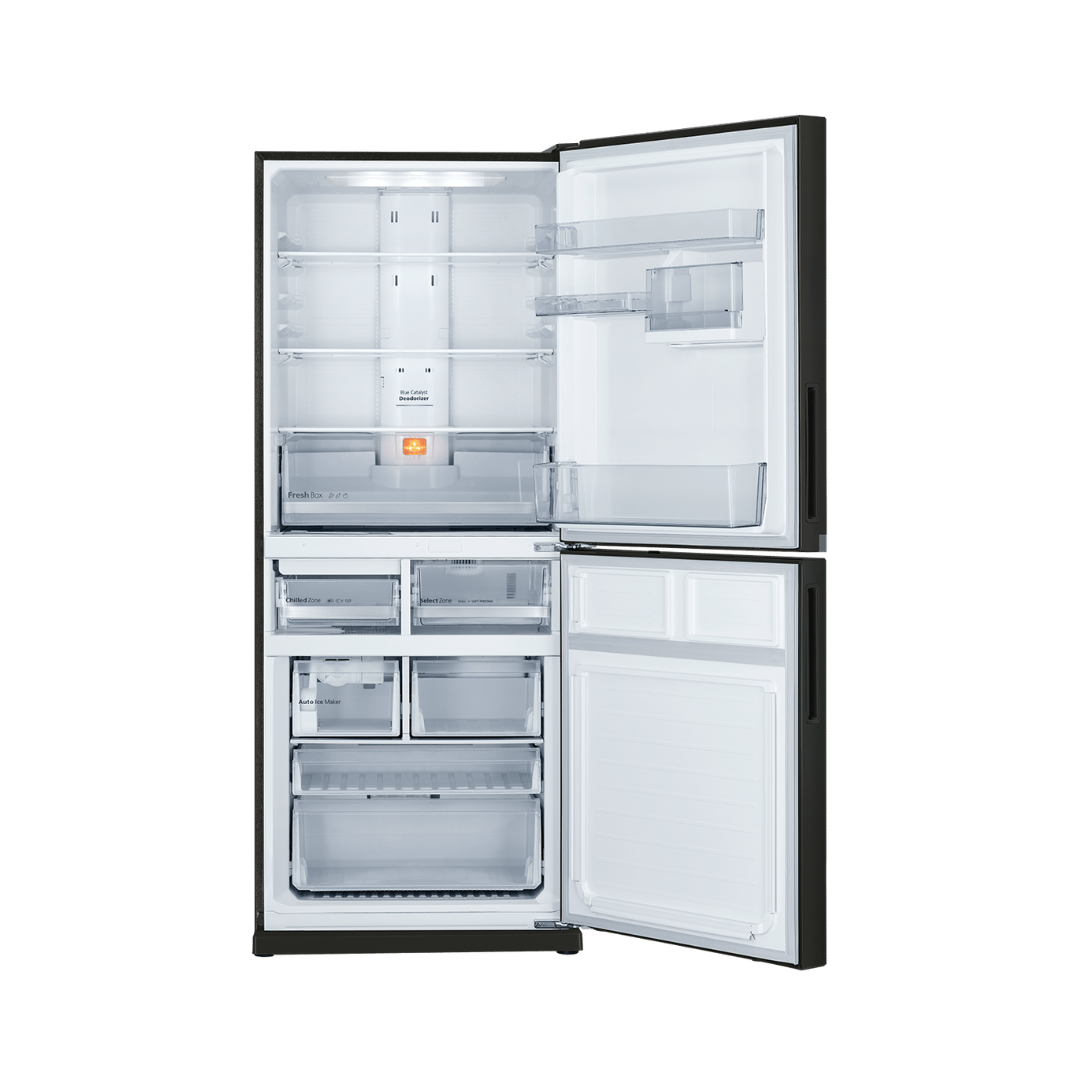 Mitsubishi Electric 421L Matte Black fridge – open doors showing empty shelves and drawers