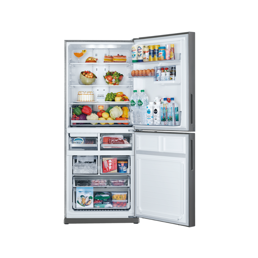 Mitsubishi Electric 421L Sterling Silver fridge – open doors showing food storage