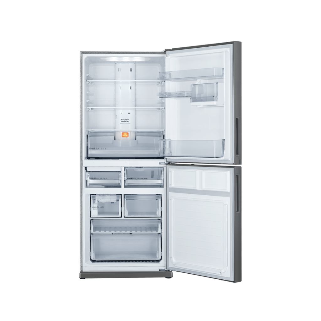 Mitsubishi Electric 421L Sterling Silver fridge – open doors showing empty shelves and drawers