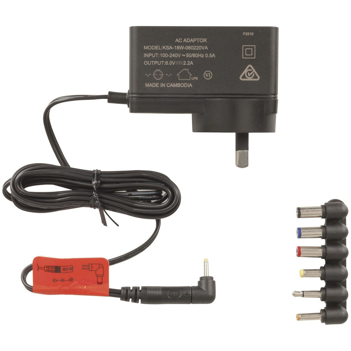 MP3482 power supply rear label and interchangeable DC plugs