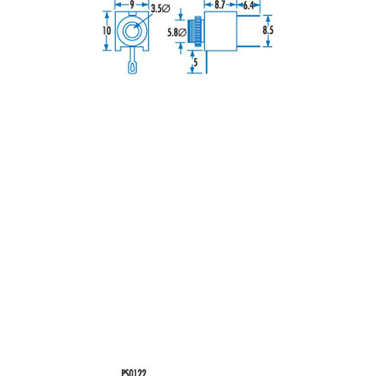 PS0122 3.5mm mono enclosed panel socket dimension drawing
