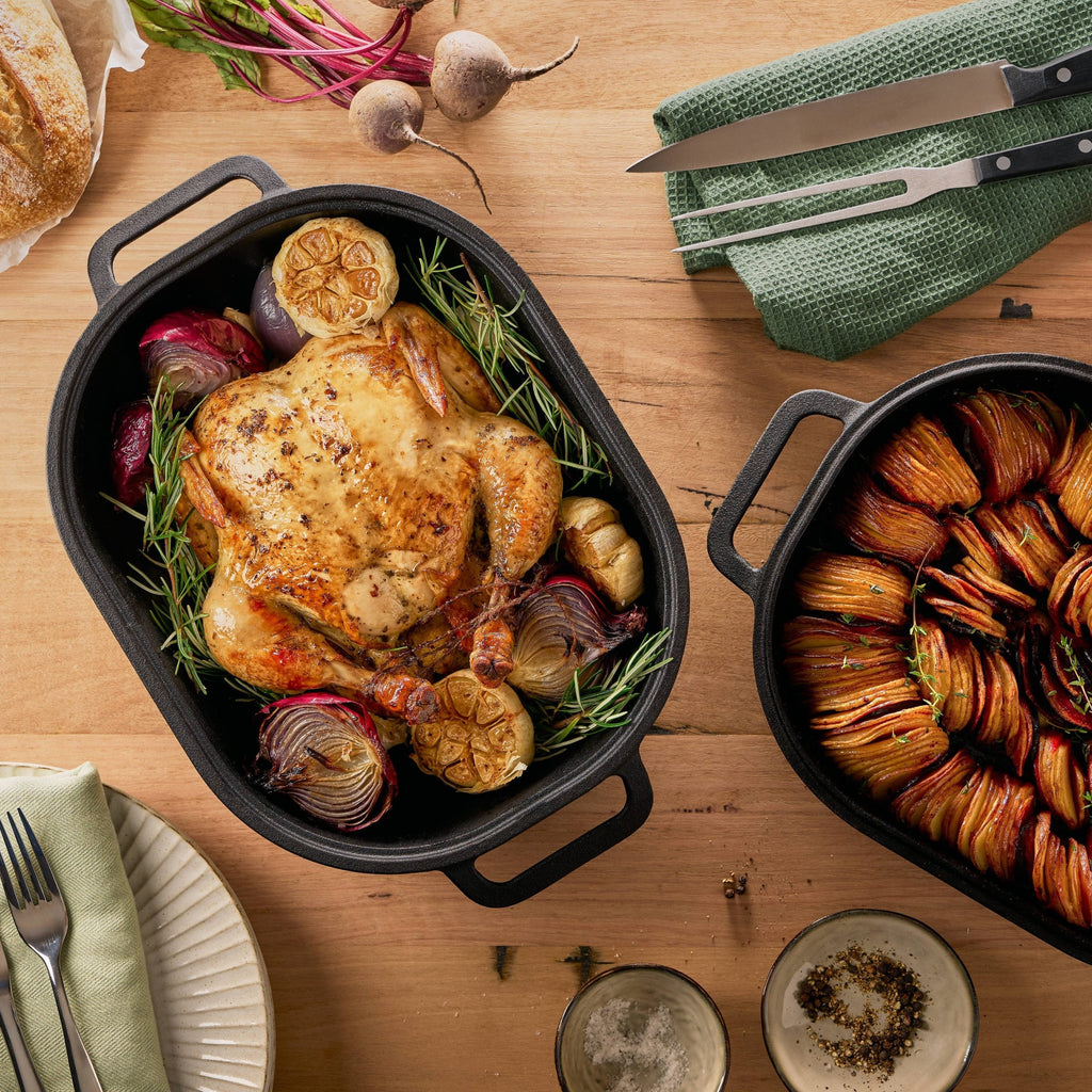 Pyrolux Pyrocast 11846 bake and roast set showing both cast iron pieces in use
