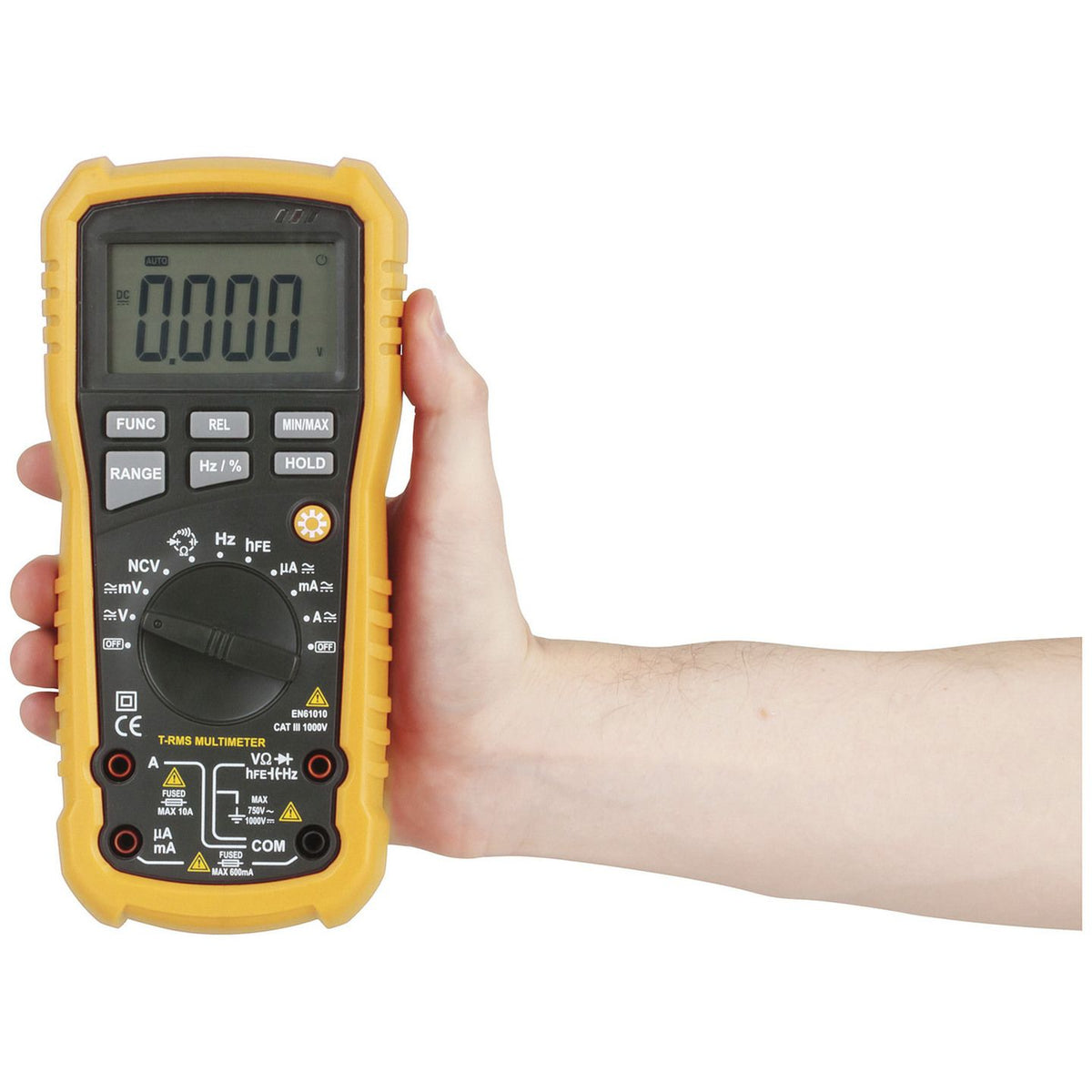 QM1321 true RMS multimeter shown in hand