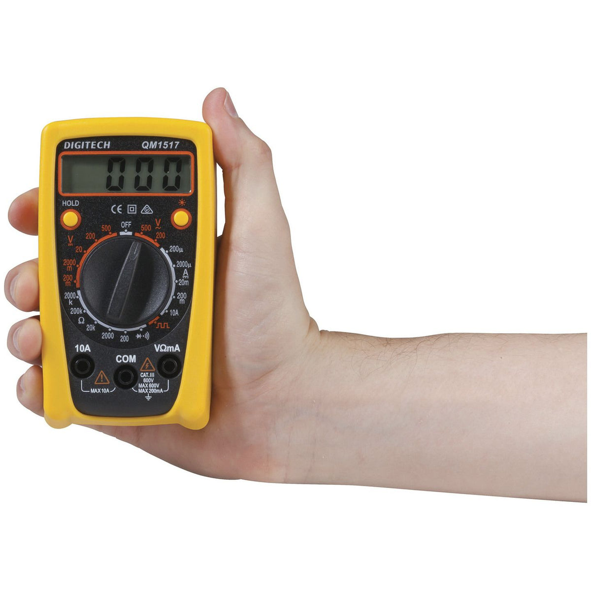 QM1517 manual range multimeter shown in hand