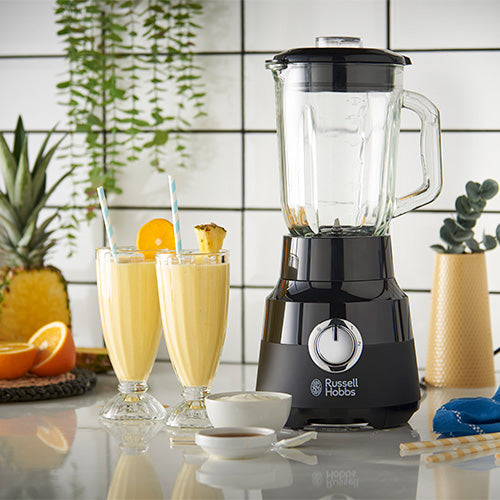 Russell Hobbs RHBL5BLK blender in kitchen with smoothie glasses
