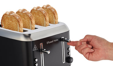 Russell Hobbs Addison RHT514BLK matte black toaster with four slices in the slots
