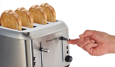 Russell Hobbs Addison RHT514BRU brushed steel toaster with four slices in the slots