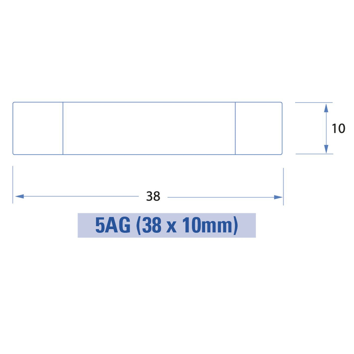 5AG fuse dimensions: 38mm long by 10mm diameter