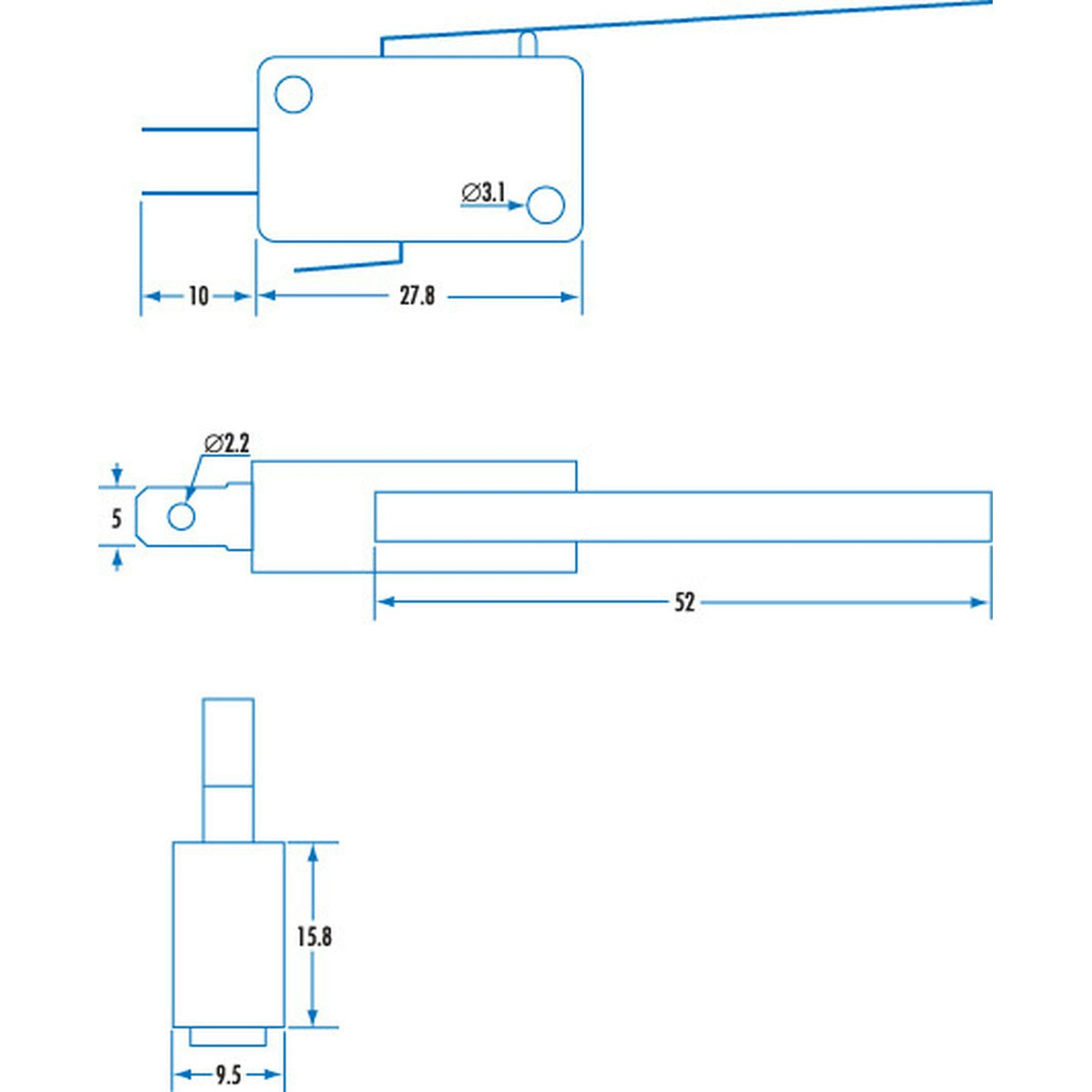 SM1039 long-lever microswitch dimension drawing