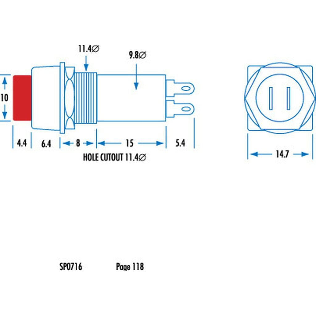 SP0716 red momentary pushbutton dimension drawing