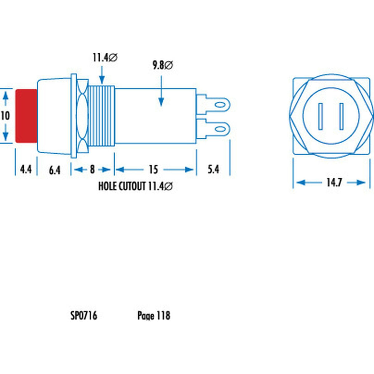 SP0716 red momentary pushbutton dimension drawing