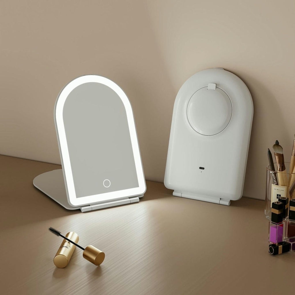TAC304 folding LED travel mirror showing front and rear storage views