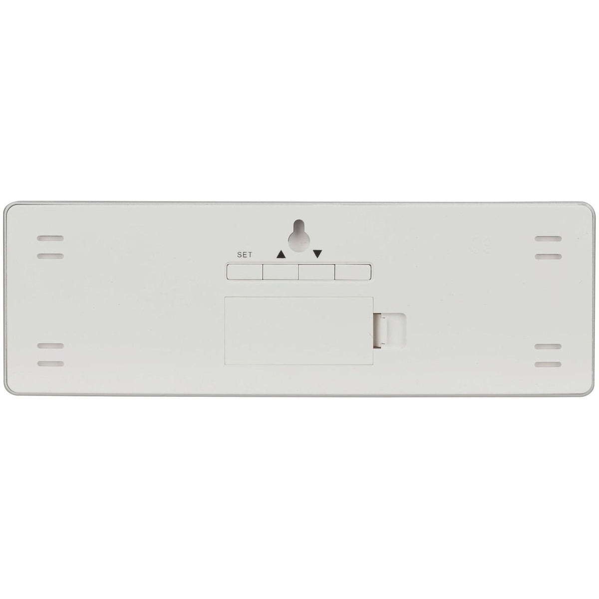 XC0230 LCD clock rear controls and battery compartment